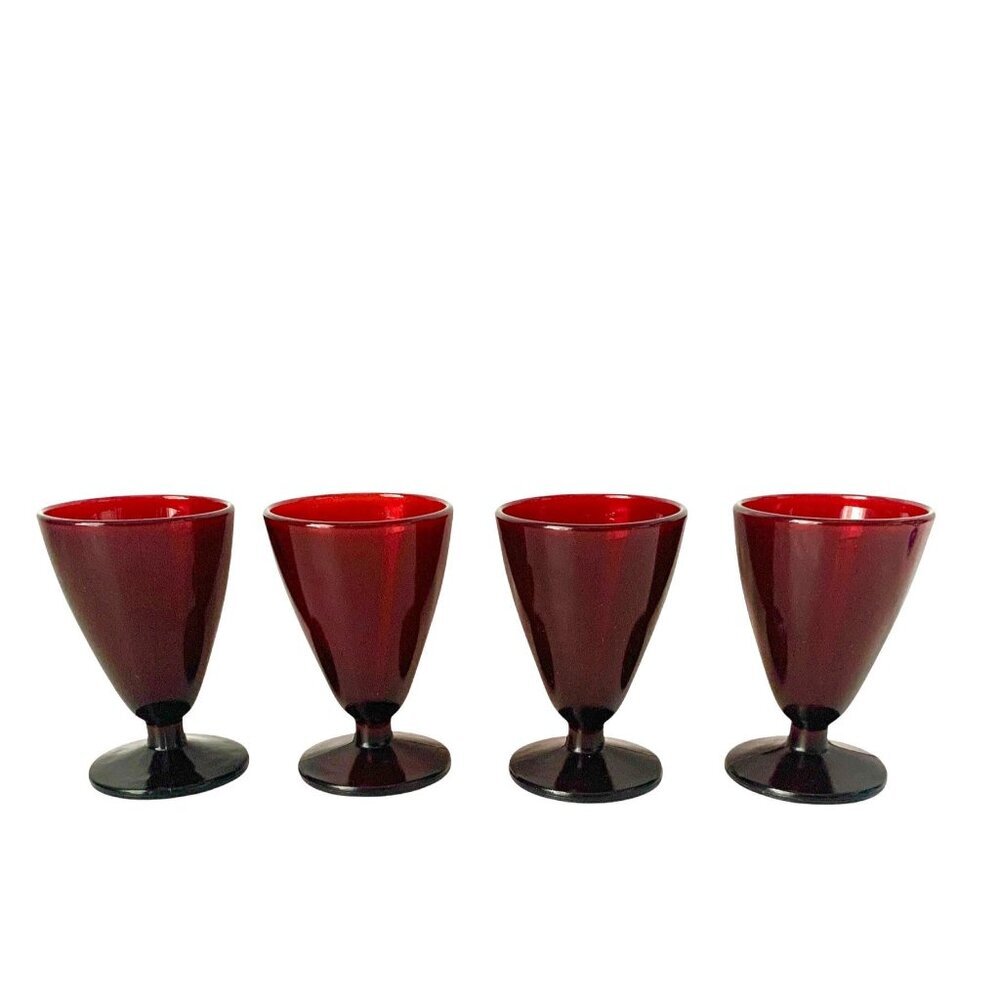 4 Vintage Royal Ruby Footed Juice  Wine Glasses Anchor Hocking Red Tumblers 1940